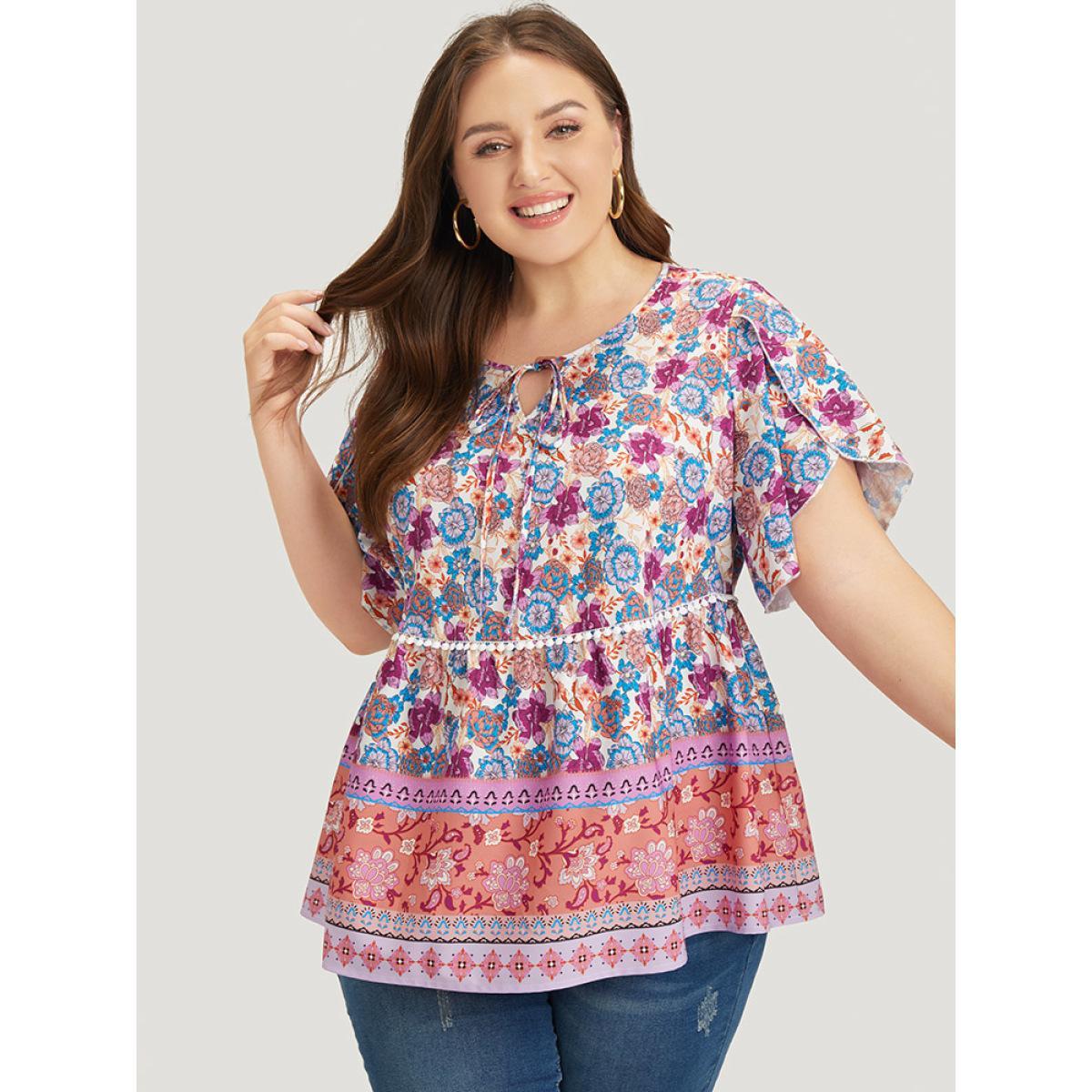 Plus Size Lilac Bandana Print Petal Sleeve Tie Neck Pompom Trim Blouse Women Vacation Short sleeve Tie Neck Dailywear Blouses BloomChic 12/L Product Image