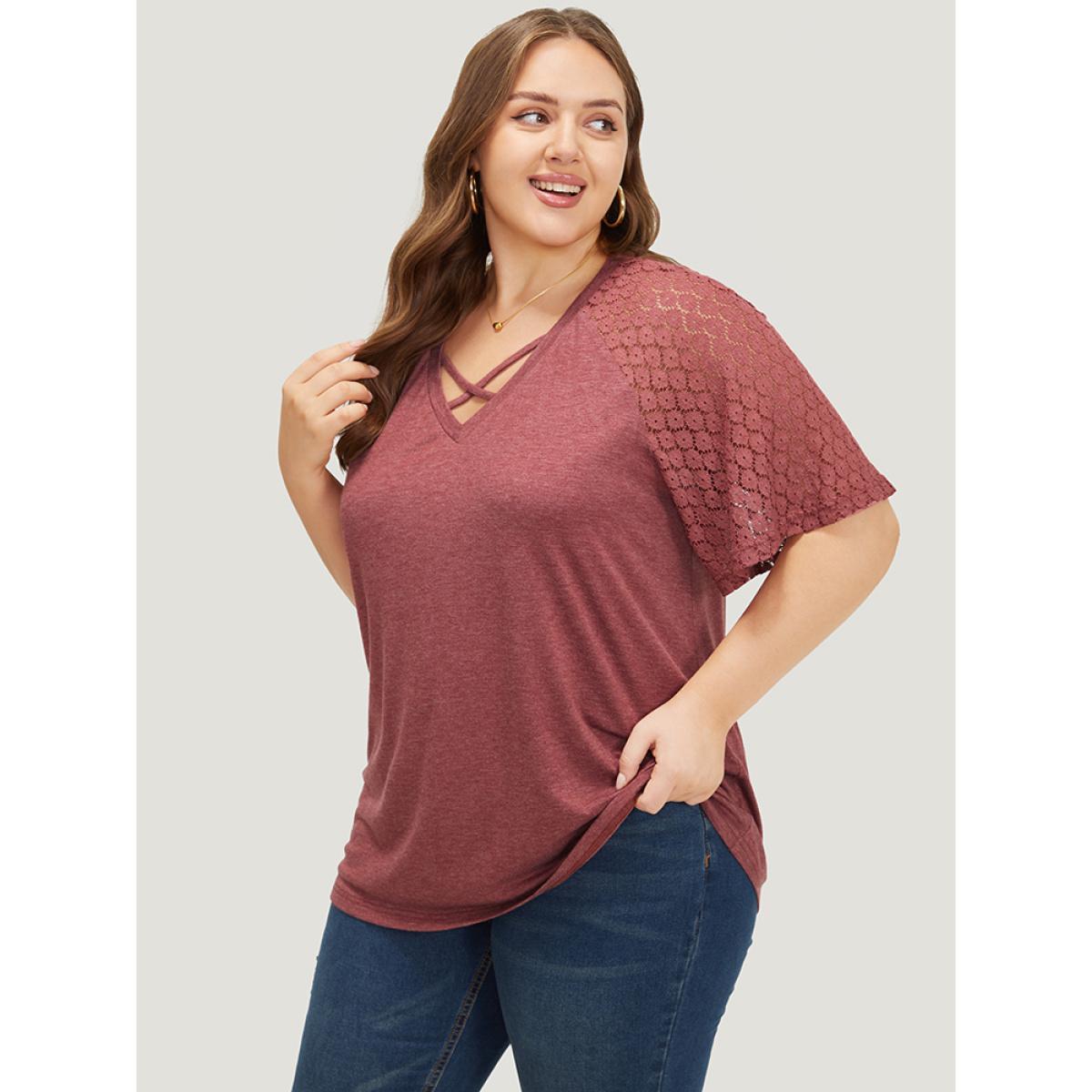 Plus Size Plain Lace Raglan Sleeve Heather Crisscross Neck T-shirt Russet Women Elegant Patchwork Plain V-neck Dailywear T-shirts BloomChic 30/6X Product Image