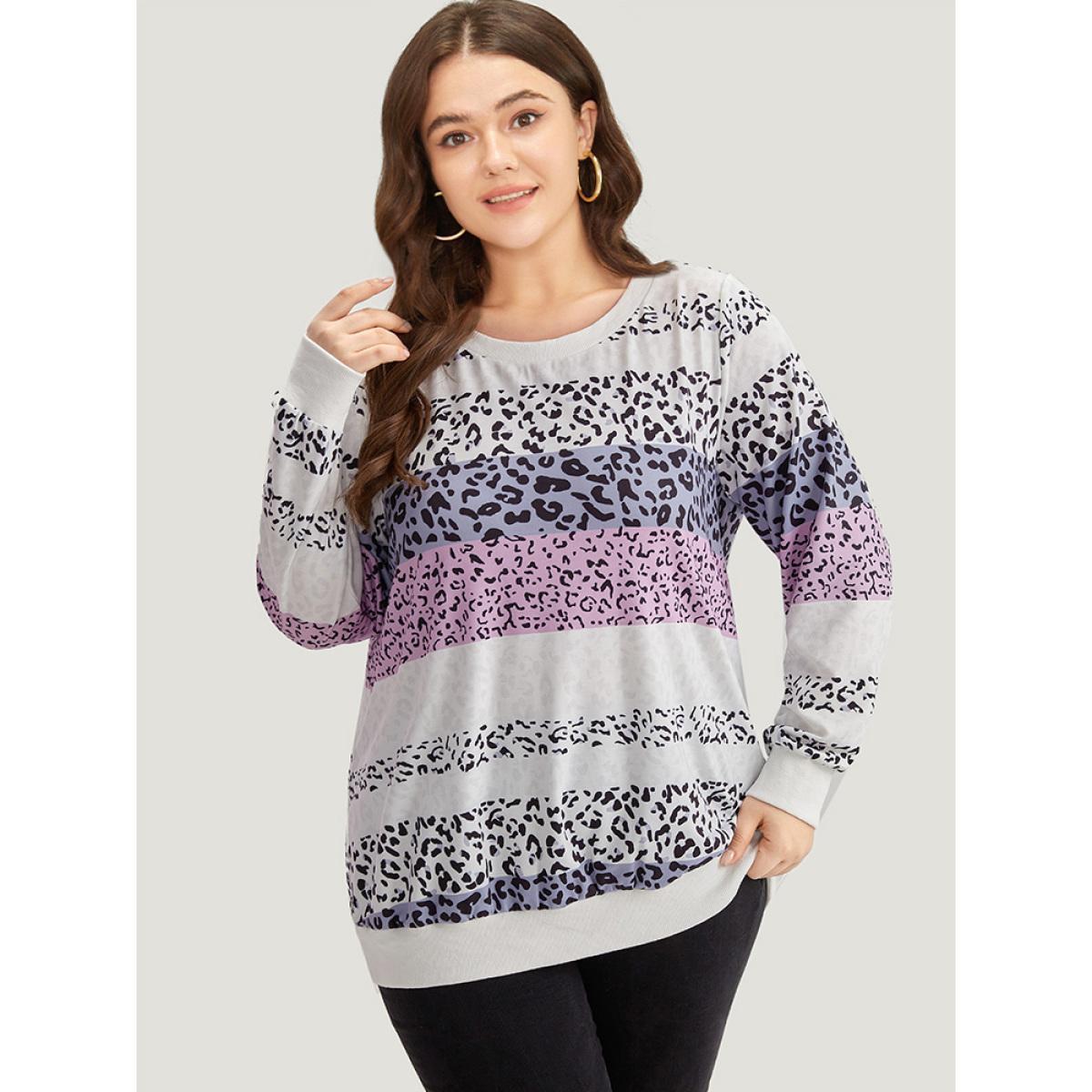Plus Size Colour Leopard Print Crew Neck Sweatshirt Women Multicolor Casual Printed Round Neck Dailywear Sweatshirts BloomChic 22-24/3X Product Image