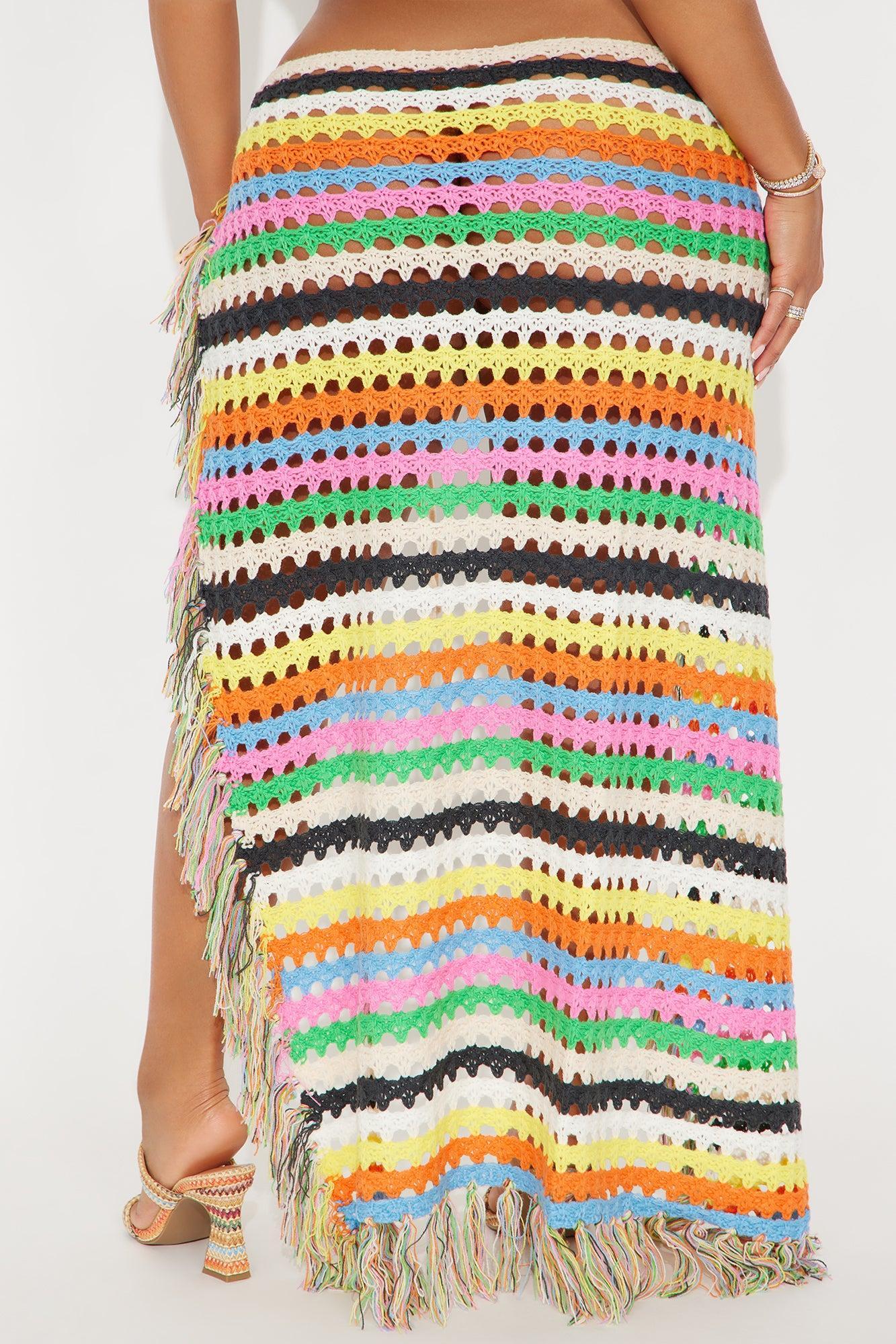 Miami Vacation Side Tie Crochet Cover Up Sarong Skirt - Multi Color Product Image