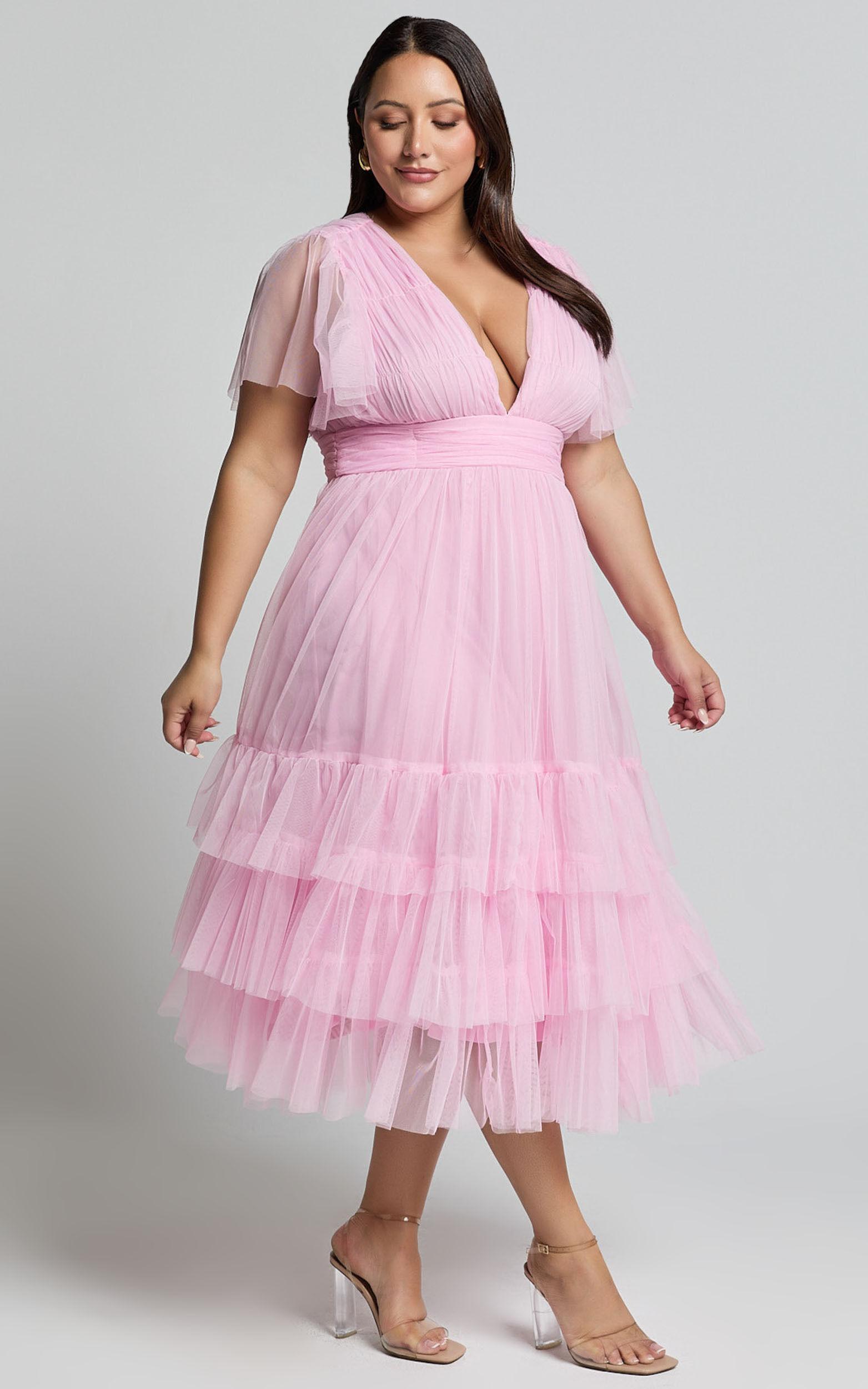 Jiraye Midi Dress - Flutter Sleeve Tuelle Plunge Dress in Ballet Pink Product Image