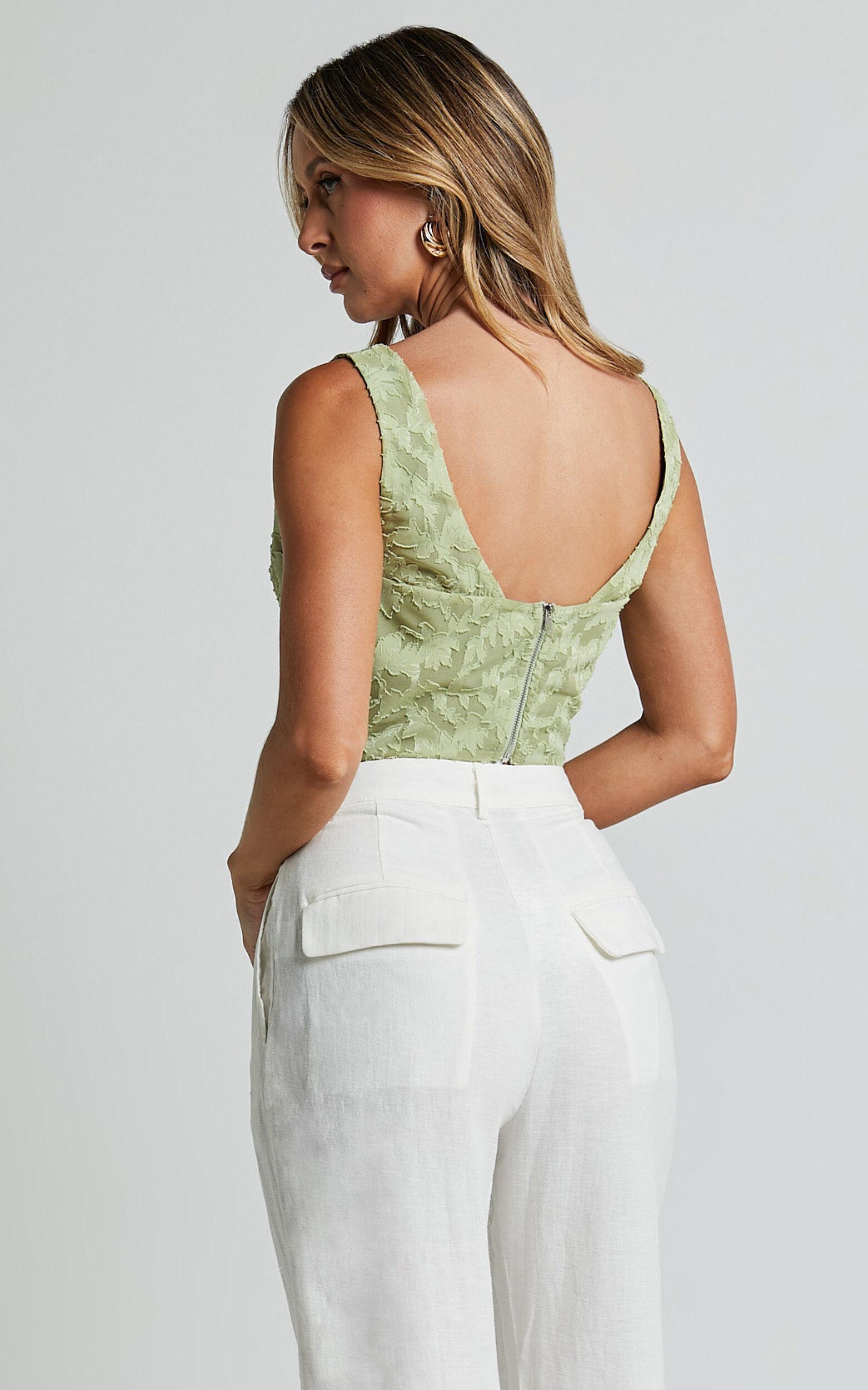 Haylee Top - Plunge Sweetheart Neck Jacquard Corset Top in Sage Floral Product Image