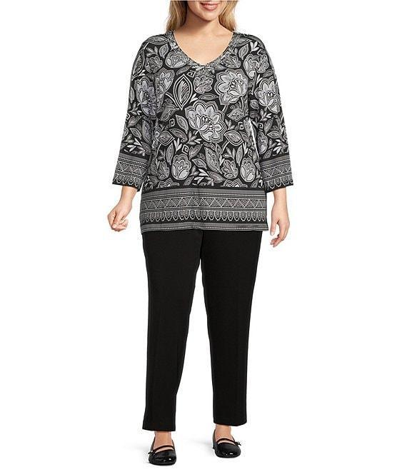 Allison Daley Plus Floral Beading 3/4 Sleeve V-Neck Knit Top Product Image