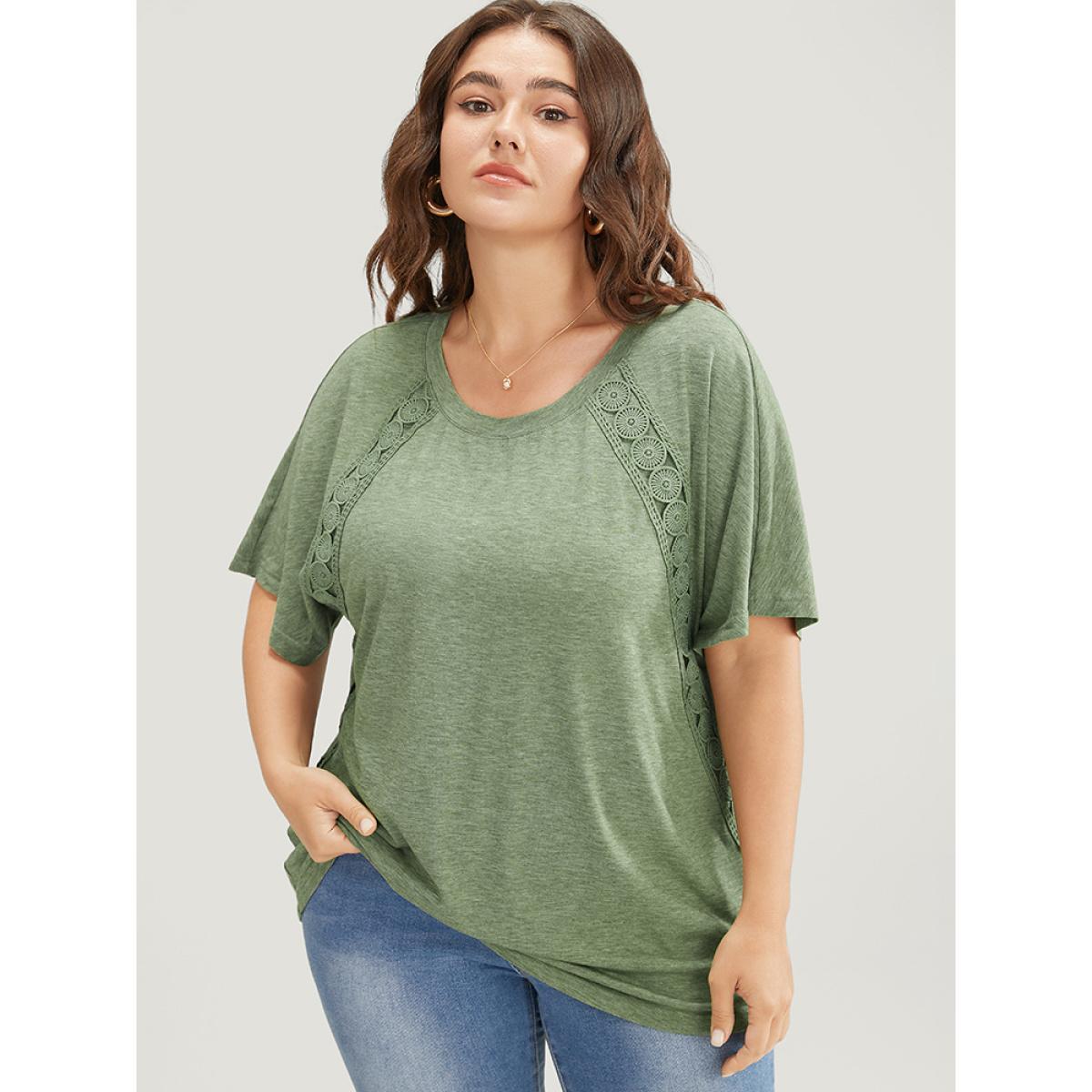 Plus Size Solid Contrast Lace Ruffle Sleeve T-shirt Sage Women Elegant Lace Plain Round Neck Everyday T-shirts BloomChic 12/L Product Image