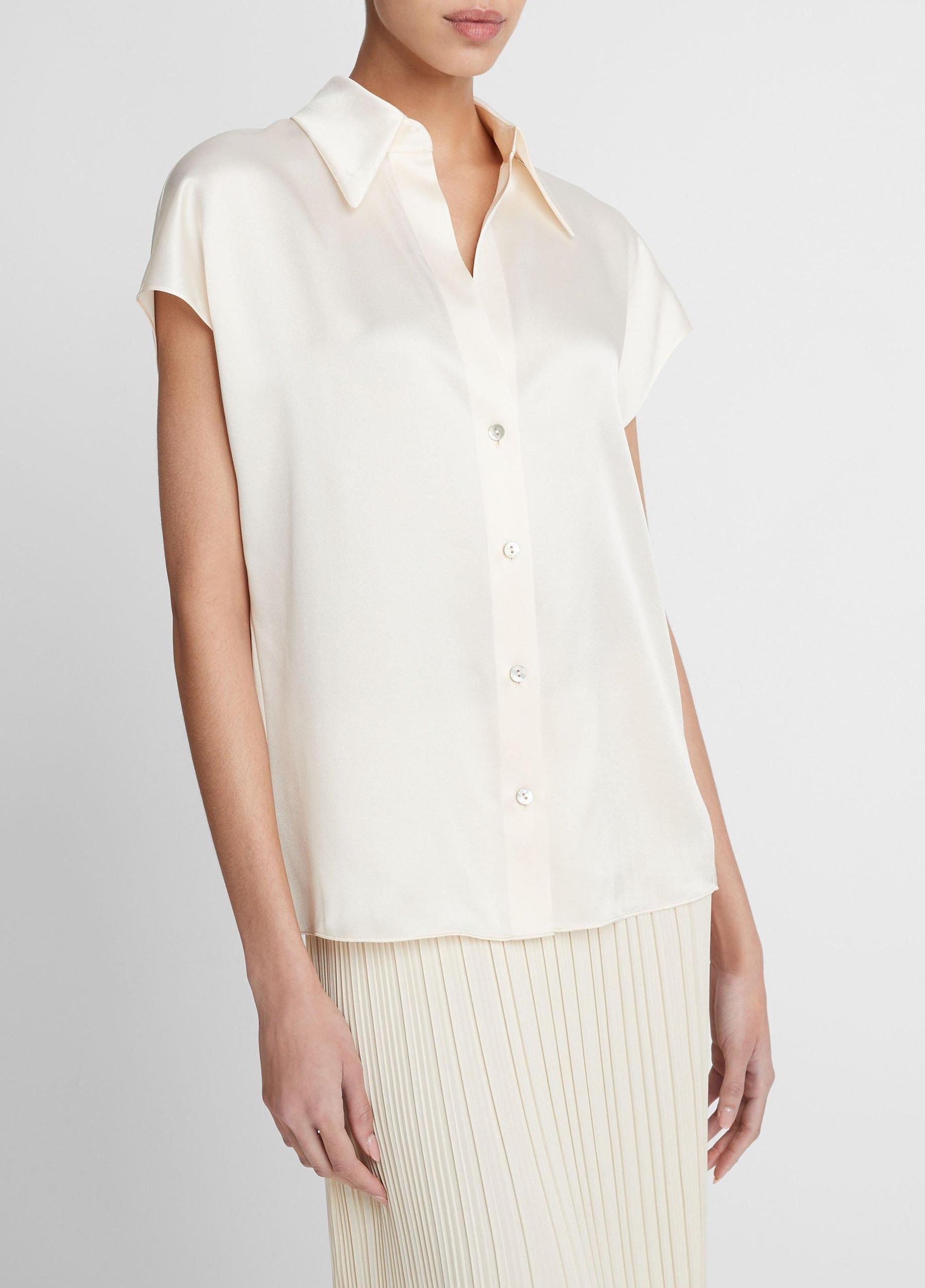 Womens Silk Cap-Sleeve Ruched-Back Blouse, Black, Size L Vince Product Image