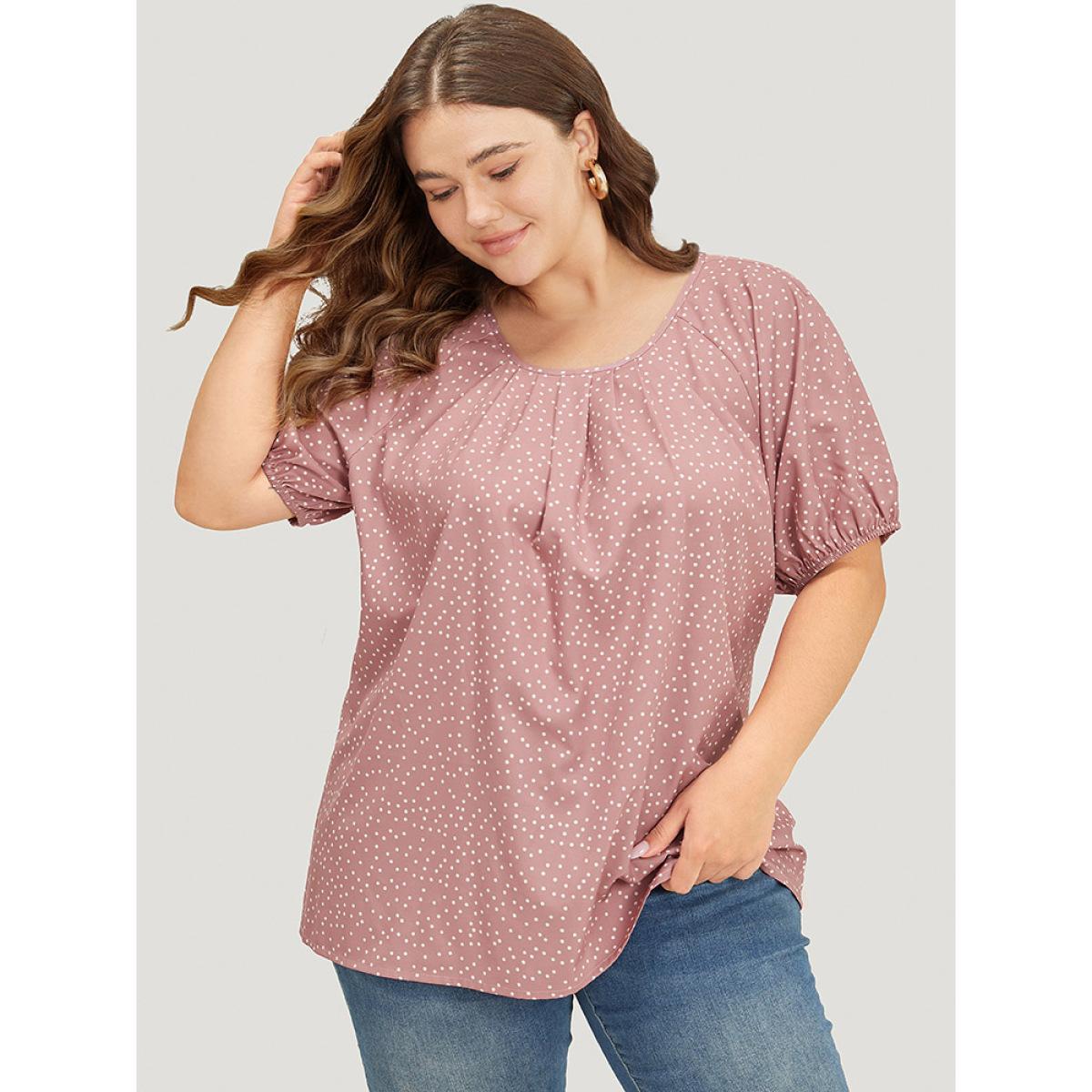 Plus Size DustyPink Polka Dot Pleated Round Neck Puff Sleeve Blouse Women Office Short sleeve Round Neck Work Blouses BloomChic 28/5X Product Image
