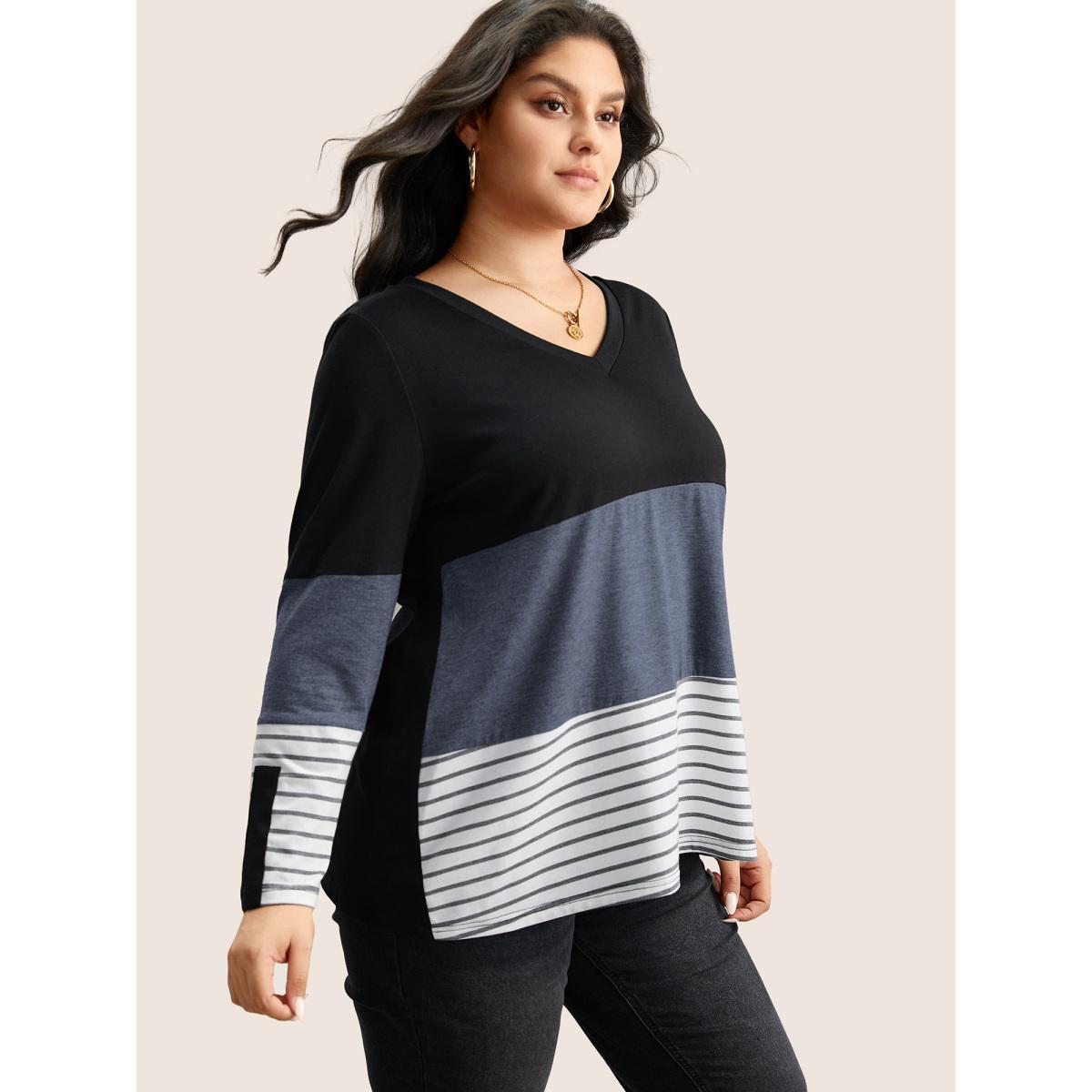 Plus Size Colorblock Contrast Striped V Neck T-shirt Indigo Women Casual Contrast Striped V-neck Everyday T-shirts BloomChic 28/5X Product Image