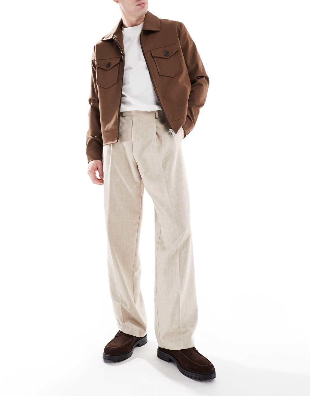 ASOS DESIGN smart wide leg jacquard pants in stone with front pleat Product Image