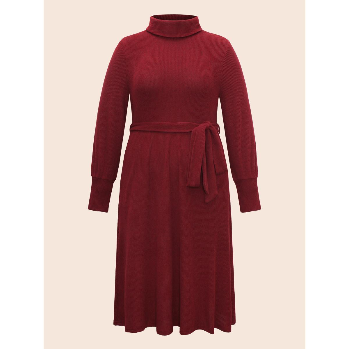 Plus Size Turtleneck Belted High Stretch Knit Dress Burgundy Women Casual Texture Knit Dresses Bloomchic 22-24/3X Product Image