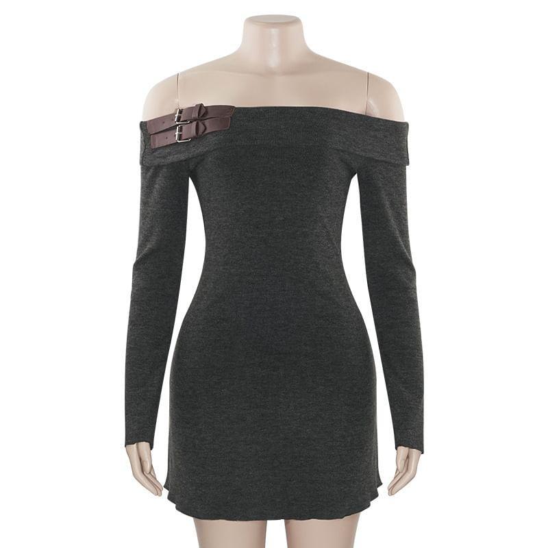 Long-Sleeve Off-Shoulder Belt-Detail Plain Mini Bodycon Dress Product Image