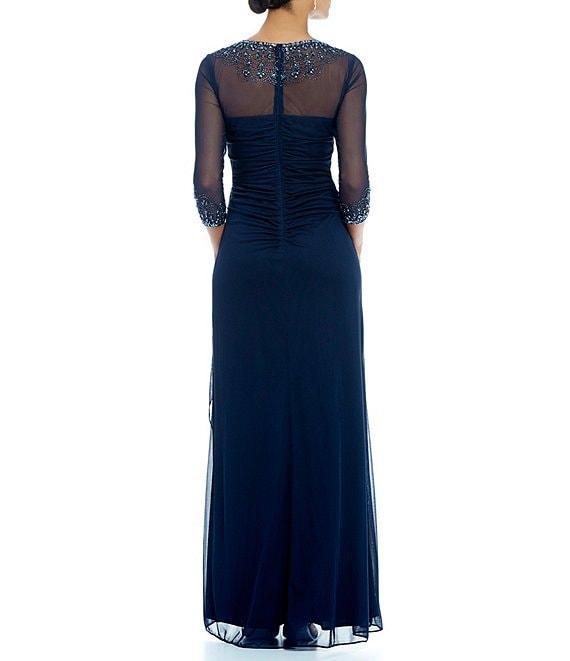 Alex Evenings Long Beaded Illusion Sweetheart Neck 3/4 Sleeve Ruched Dress Product Image