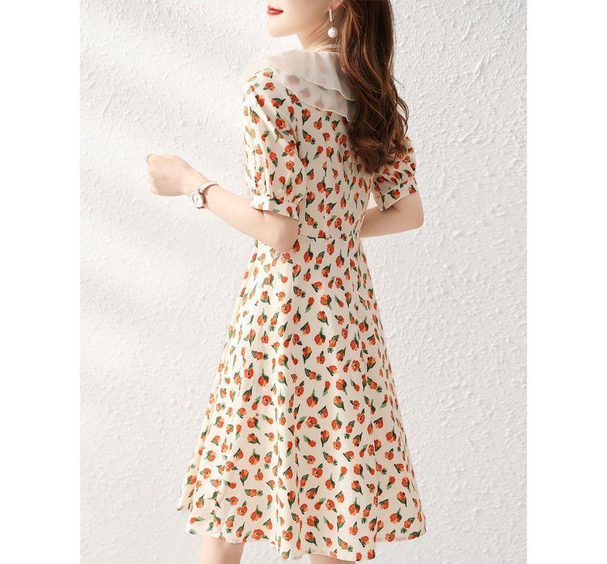 Short-Sleeve Collared Floral Midi A-Line Dress Product Image