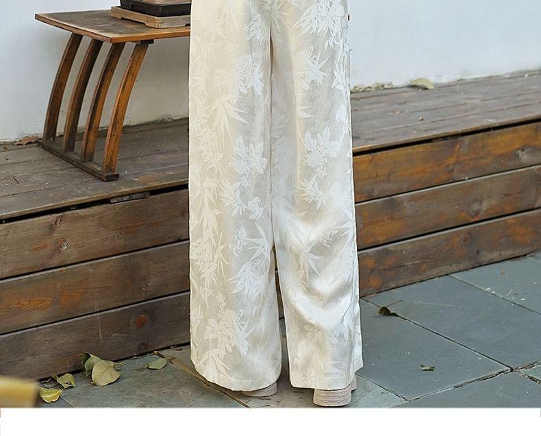 Long-Sleeve Round Neck Floral Embroidered Top / High Waist Floral Jacquard Wide Leg Pants / Vest Product Image