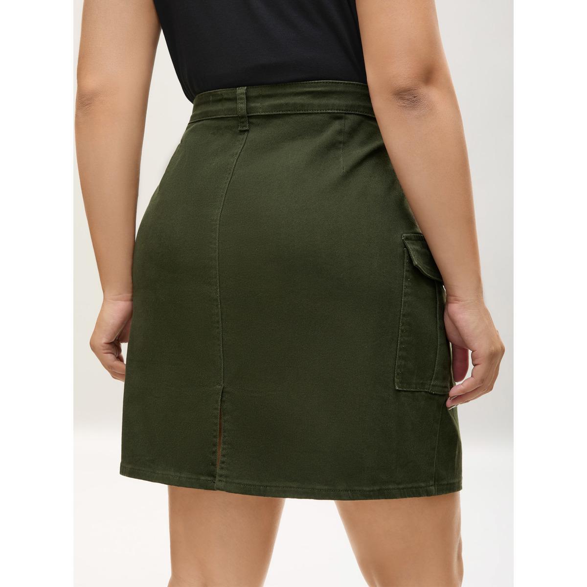 Plus Size Flap Detail Classic Cut Midi Denim Skirt Women Denimarmygreen Everyday-Casual Button Low stretch Medium Wash 22/3X Slanted pocket Elegant Denim Skirts BloomChic Product Image