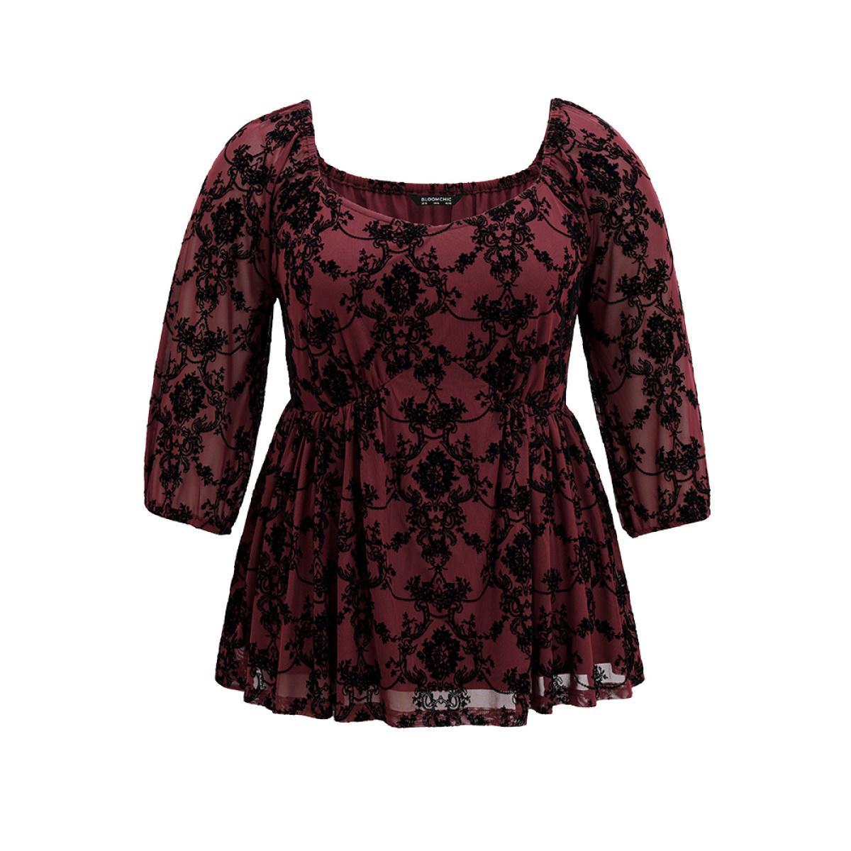 Plus Size Scarlet Silhouette Floral Print Contrast Flocking Square Neck Blouse Women Elegant Elbow-length sleeve Square Neck Everyday Blouses BloomChic 30/6X Product Image