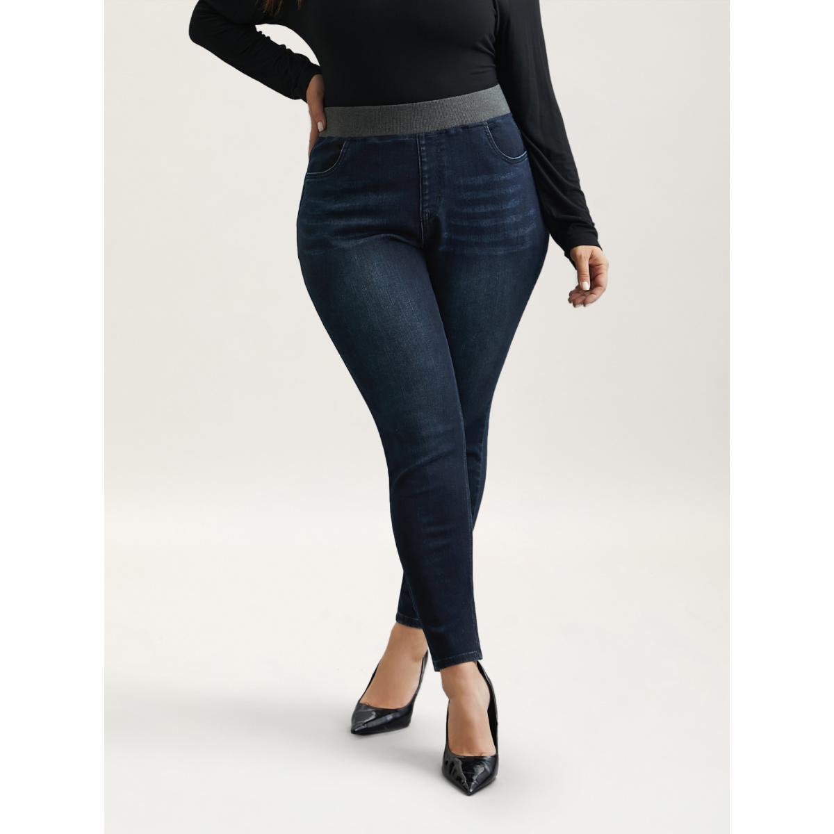 Plus Size Stretchy Whiskered Waist Skinny Knit Jeans Women Darkindigo Elegant Medium stretch Slanted pocket Jeans BloomChic 26/4X Product Image