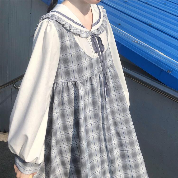Puff-Sleeve Collar Plaid Bow Smock Dress Product Image