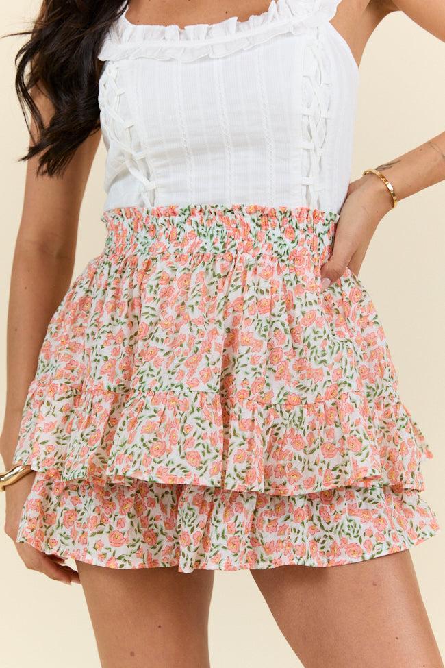 Pretty Moment Orange Multi Floral Print Tiered Mini Skort SALE Product Image