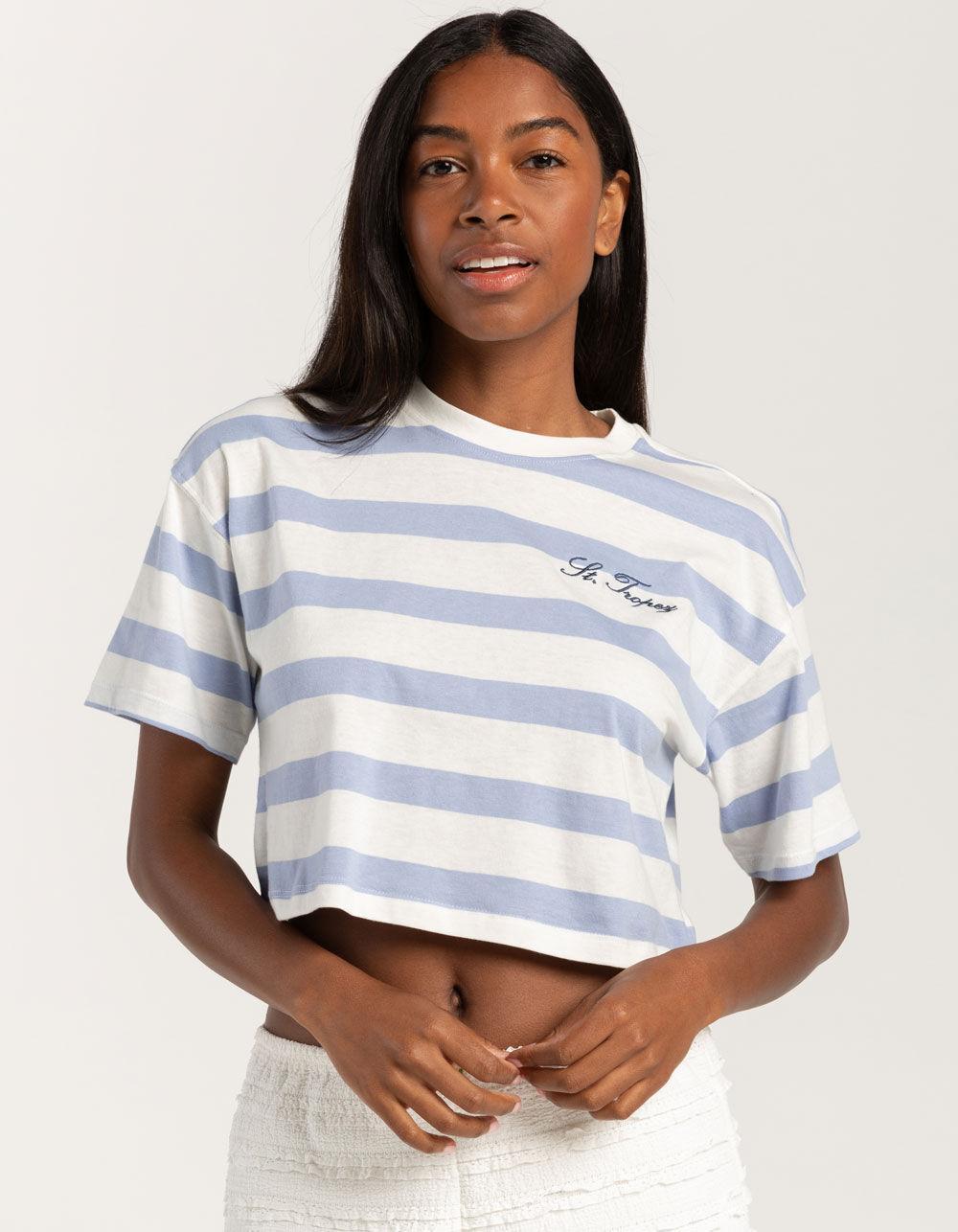 FULL TILT Stripe Saint Tropez Embroidered Womens Crop Tee - LIGHT BLUE Product Image