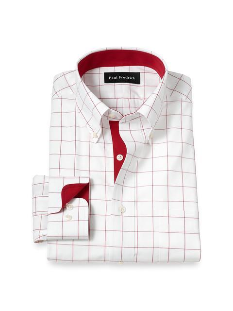 Non-Iron Cotton Windowpane Dress Shirt With Contrast Trim - Red Product Image