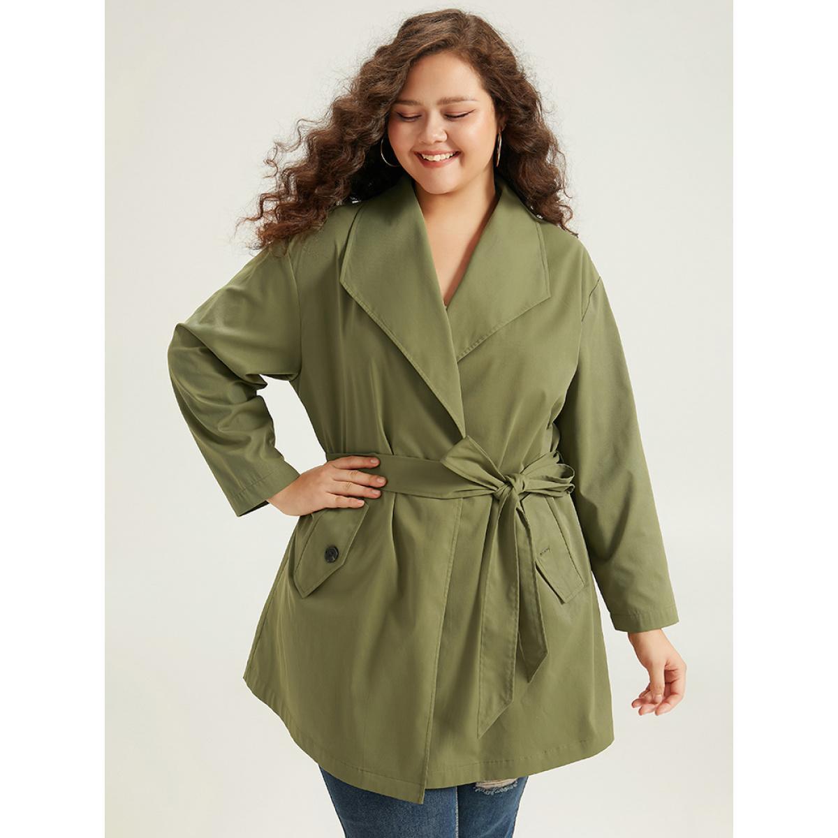 Plus Size Lapel Collar Belted Slant Pocket Coat Women Sage Casual Plain Ladies Everyday Winter Coats BloomChic 10/M Product Image