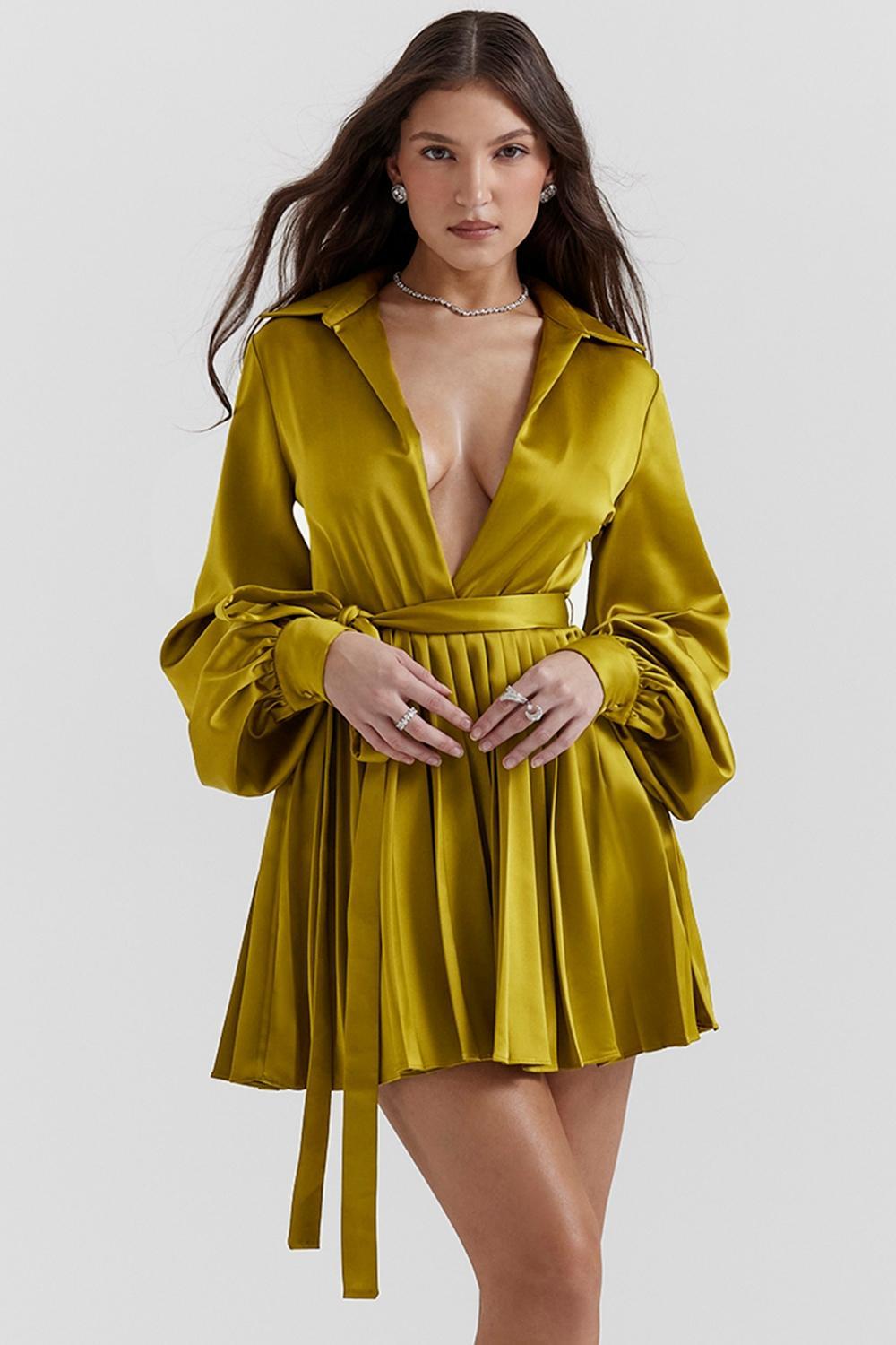 Allegra Chartreuse Pleated Shirt Dress Product Image