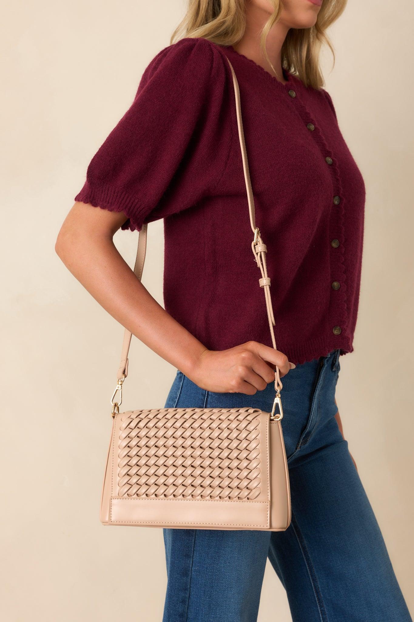 A Little Off Track Beige Woven Faux Leather Handbag Product Image