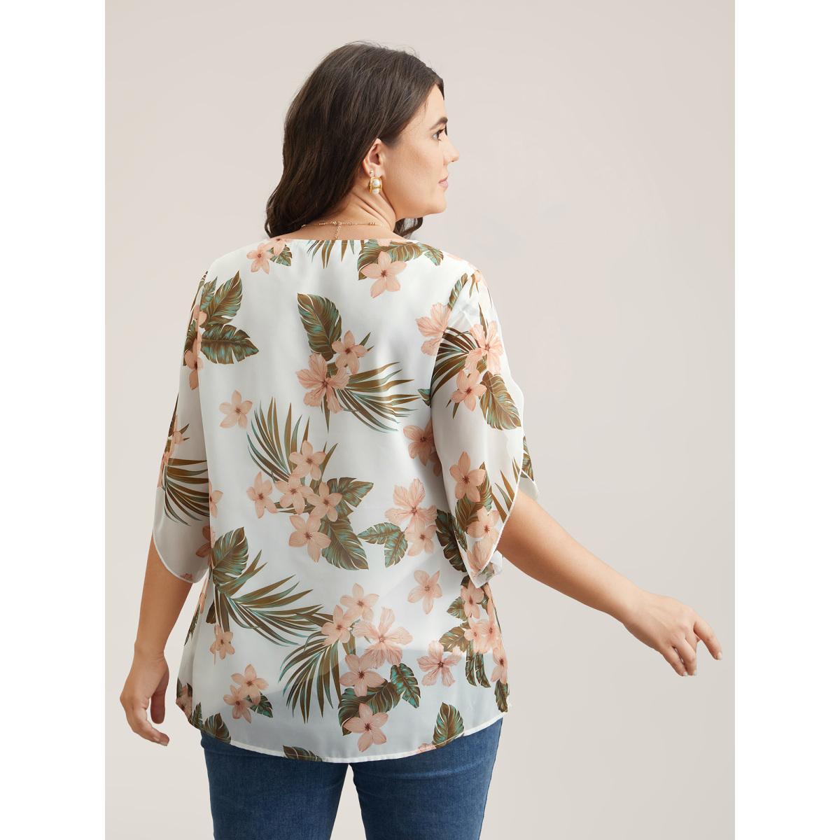 Plus Size WhiteSmoke Petal Sleeve Floral Round Neck Shirt Women Elegant Elbow-length sleeve Round Neck Everyday Blouses BloomChic 28/5X Product Image