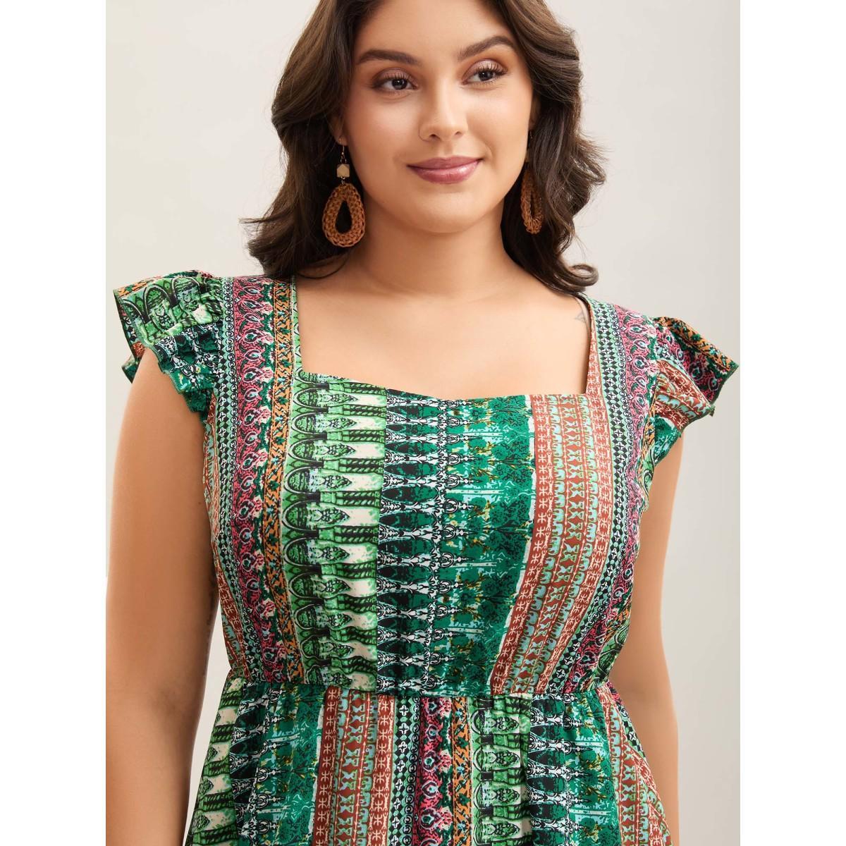 Plus Size Boho Stripes Pockets Flutter Midi Dress Emerald Women Heart neckline Cap Sleeve Curvy BloomChic 28/5X Product Image