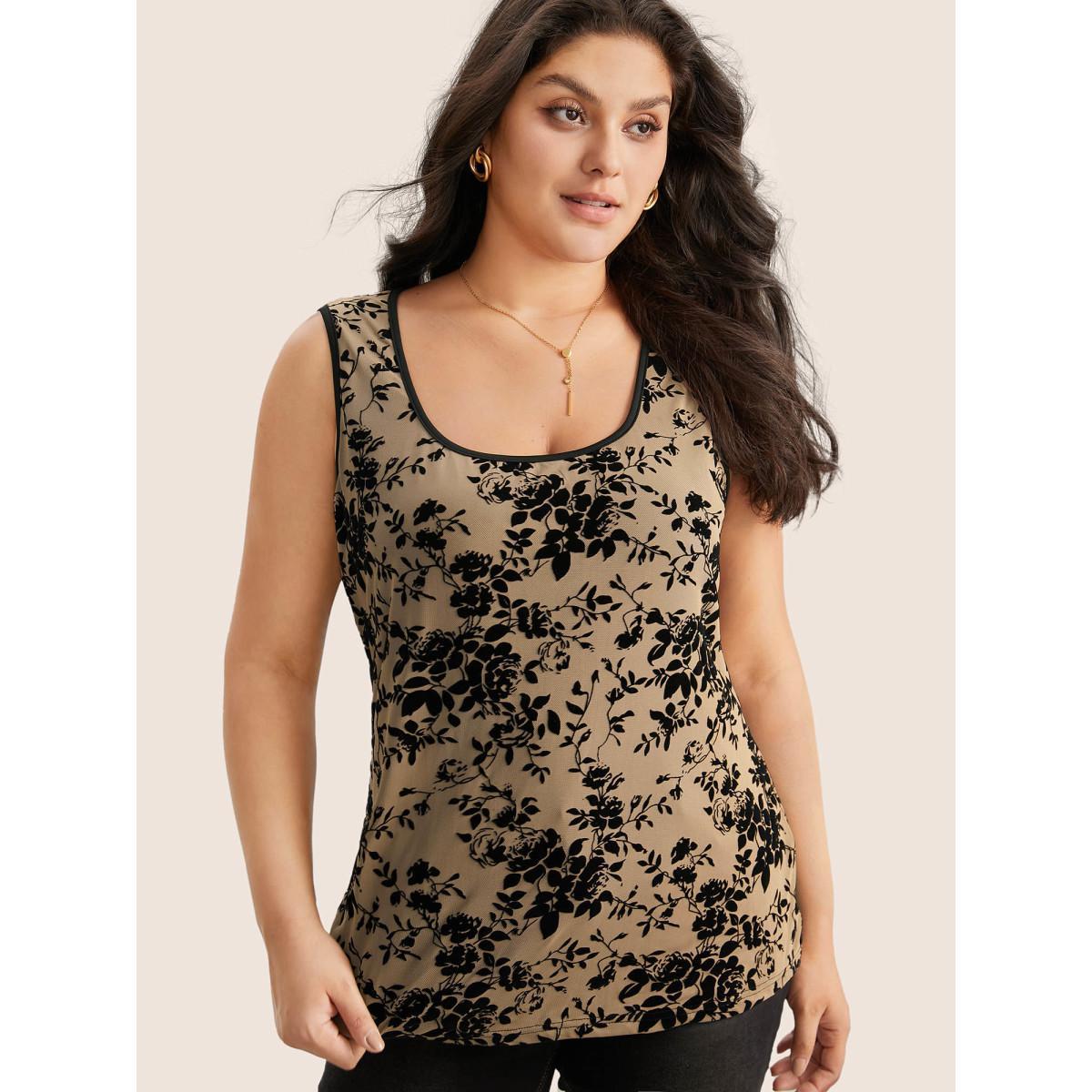 Plus Size Silhouette Floral Print Flocking Square Neck Tank Top Women Champagne Elegant Texture Square Neck Everyday Tank Tops Camis BloomChic 12/L Product Image