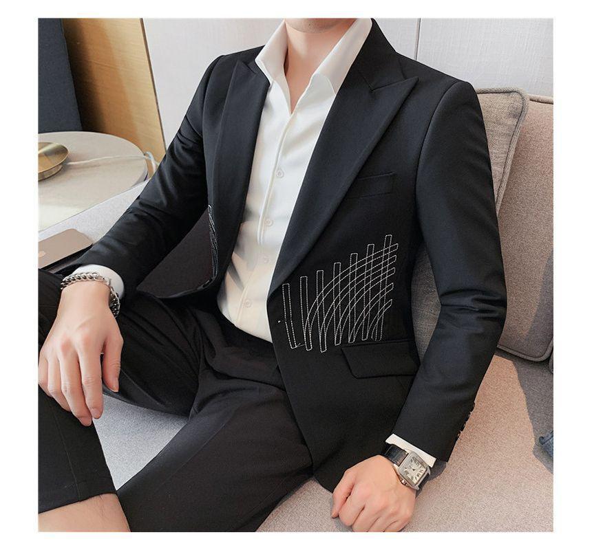 Embroidered Single-Button Blazer / Peak Lapel Plain Blazer Product Image