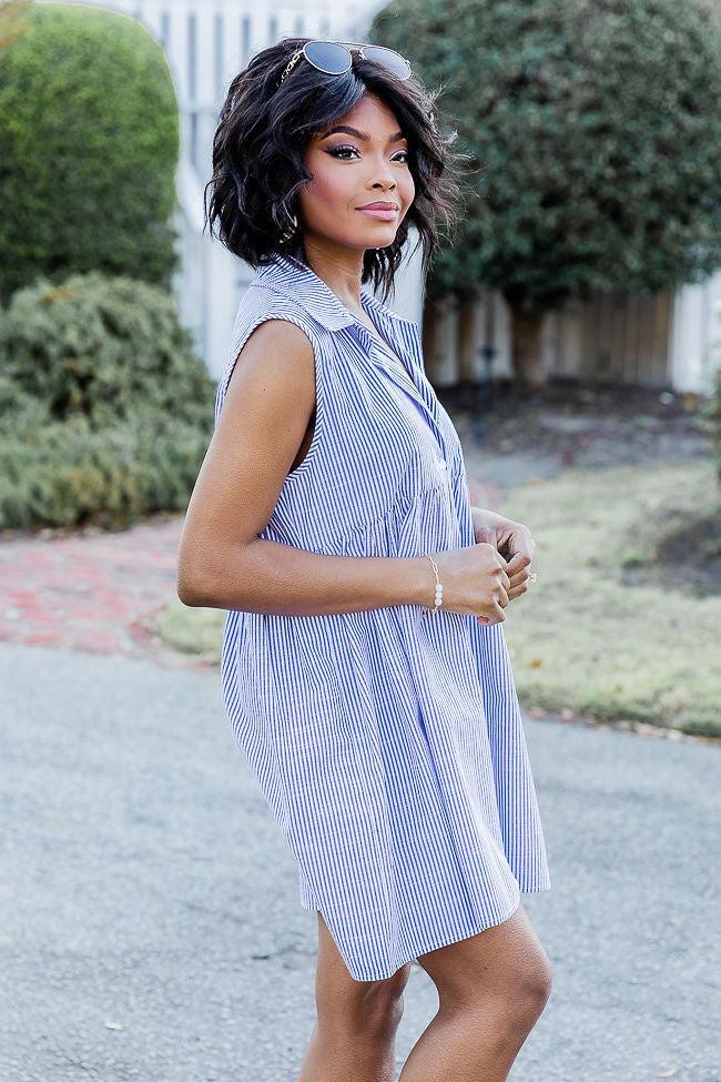 A Little Prep In My Step Blue Stripe Collar Button Up Mini Dress FINAL SALE Product Image