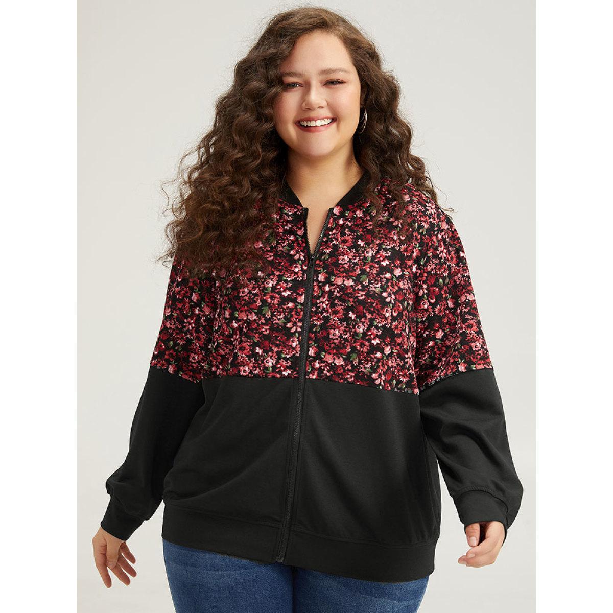Plus Size Ditsy Floral Patchwork Zipper Elastic Cuffs Jacket Women Black Elastic cuffs Dailywear Jackets BloomChic 12/L Product Image