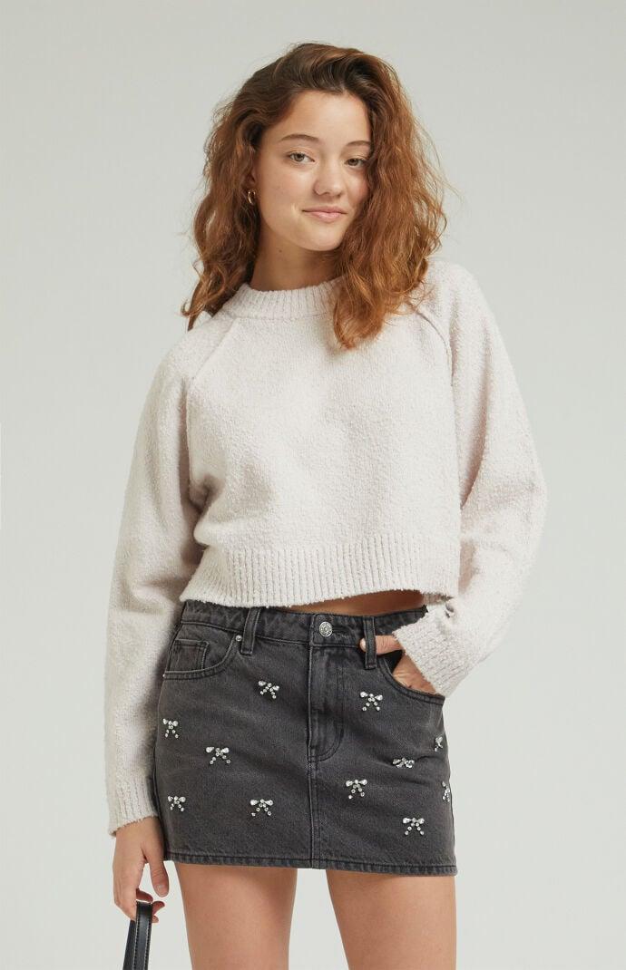 Women's Bow Rhinestone Mid Rise Denim Mini Skirt Product Image