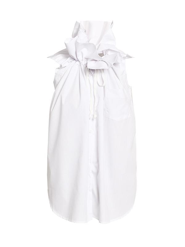 Loose Sleeveless Buttoned Drawstring Pleated Solid Color Stand Collar Vest Top Product Image