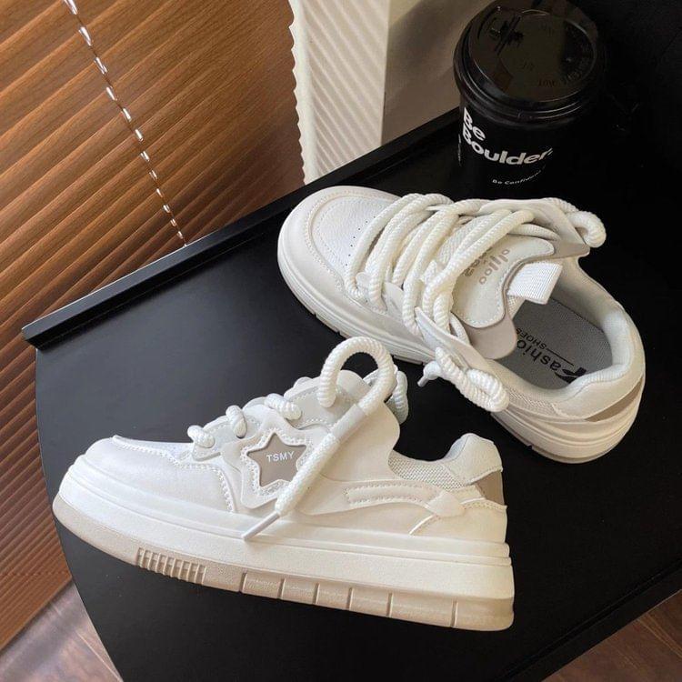 Platform Two Tone Star Applique Lace-Up Faux Leather Sneakers Product Image