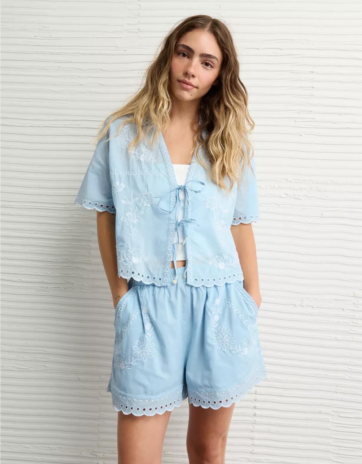 AE Collared Tie Front Embroidered Shirt Product Image