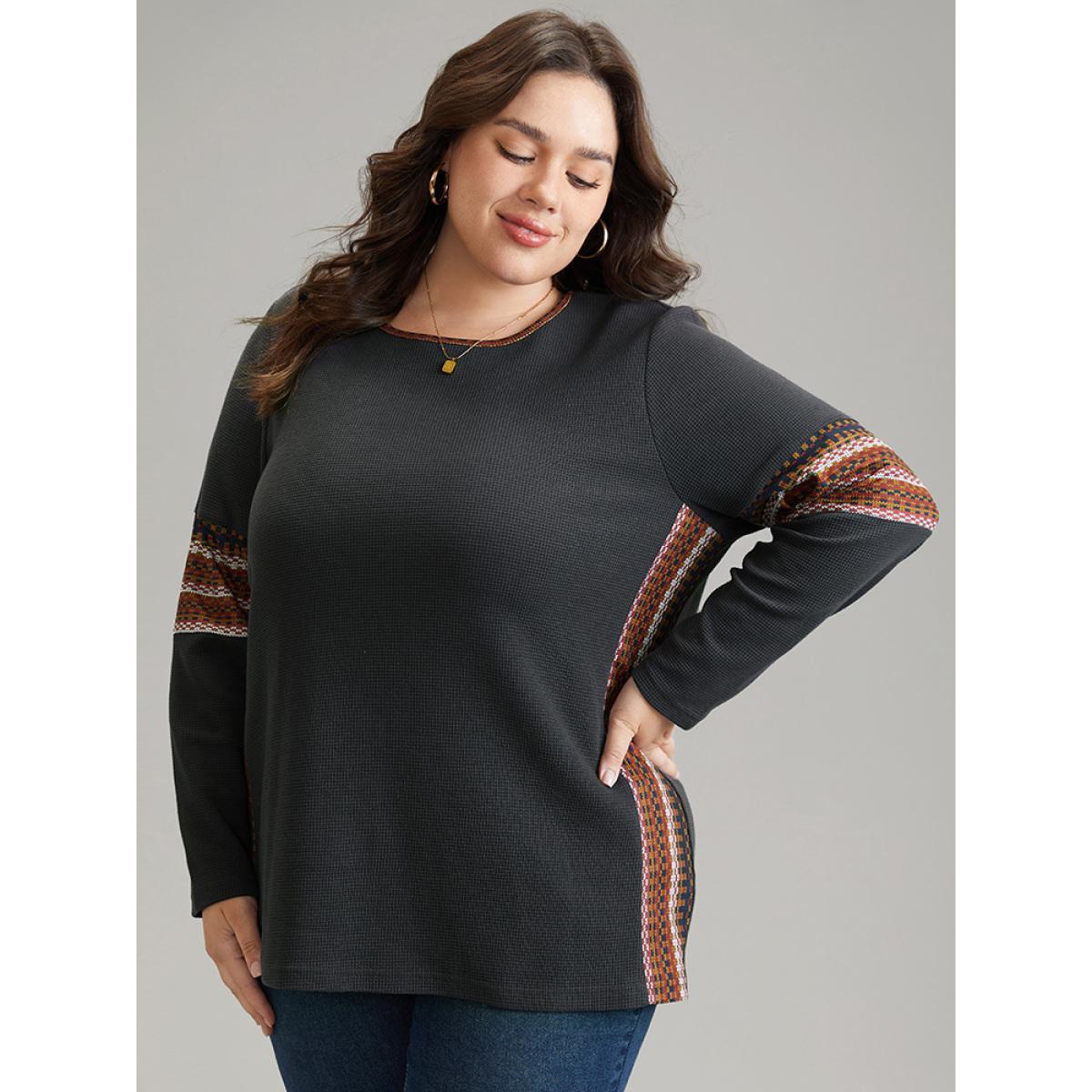 Plus Size Bandana Print Waffle Knit T-shirt DarkGray Women Elegant Waffle Knit Bohemian Print Round Neck Dailywear T-shirts BloomChic 26/4X Product Image