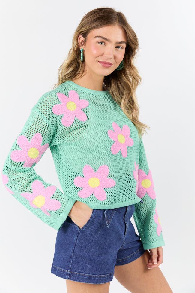 Follow You Around Mint And Pink Flower Embroidered Sweater SALE Product Image