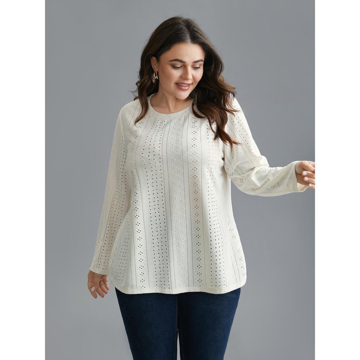 Plus Size Textured Cut-out Elastic Round Neck T-shirt Ivory Women Casual Texture Round Neck Everyday T-shirts BloomChic 10/M Product Image
