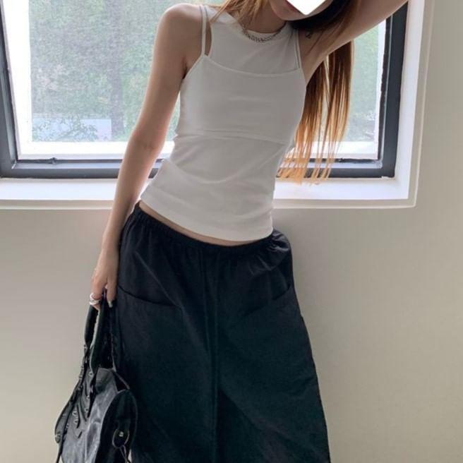 Mock Two-Piece Round Neck Plain Crop Tank Top Product Image