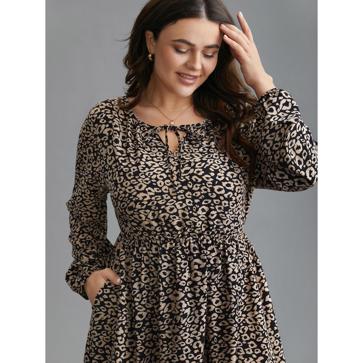 Plus Size Leopard Print Tiered Hem Pockets Midi Dress BlackFlower Women Elegant Tie knot V-neck Long Sleeve Curvy BloomChic 22-24/3X Product Image