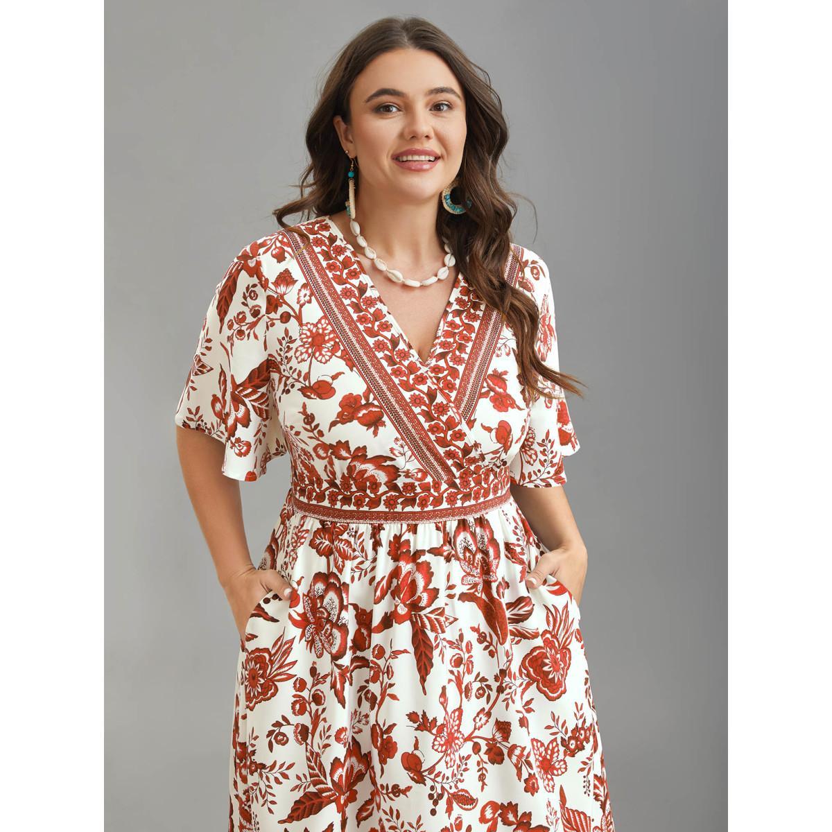 Plus Size Floral Print Wrap-Neck Pocket Midi Dress Rust Women Resort Non Overlap Collar Short sleeve Curvy BloomChic 30/6X Product Image