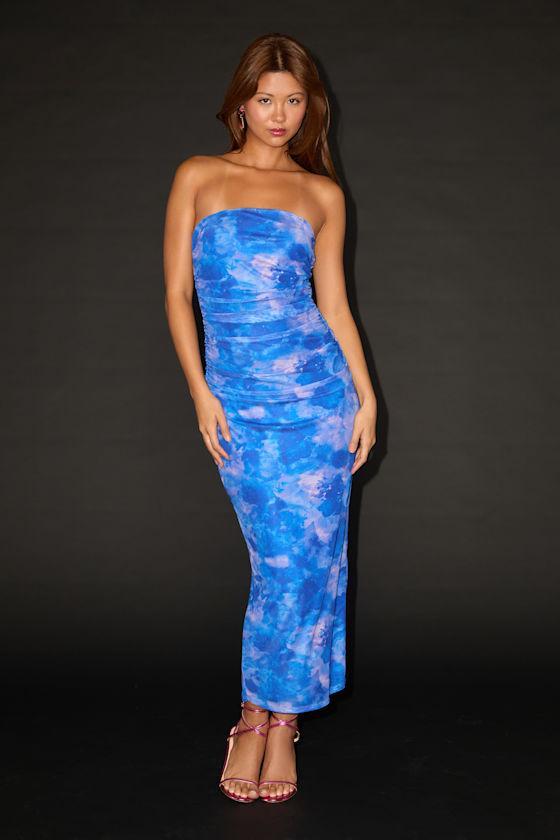 Late Night Crush Blue Multi Mesh Ruched Strapless Midi Dress Product Image