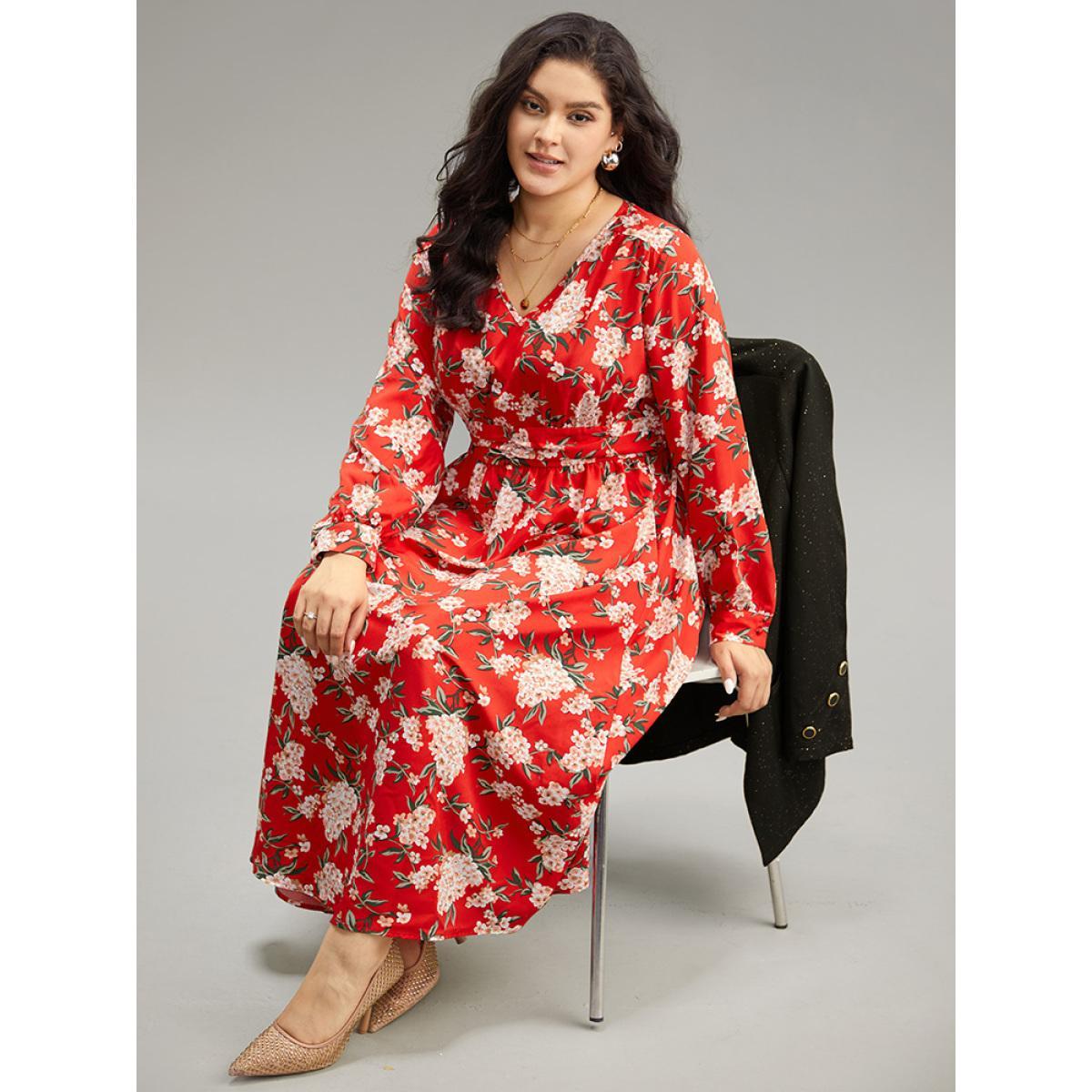 Plus Size Floral Print Ruched Pocket Pleated Dress Red Women Elegant Printed V-neck Long Sleeve Curvy Midi Dress BloomChic 26/4X Product Image