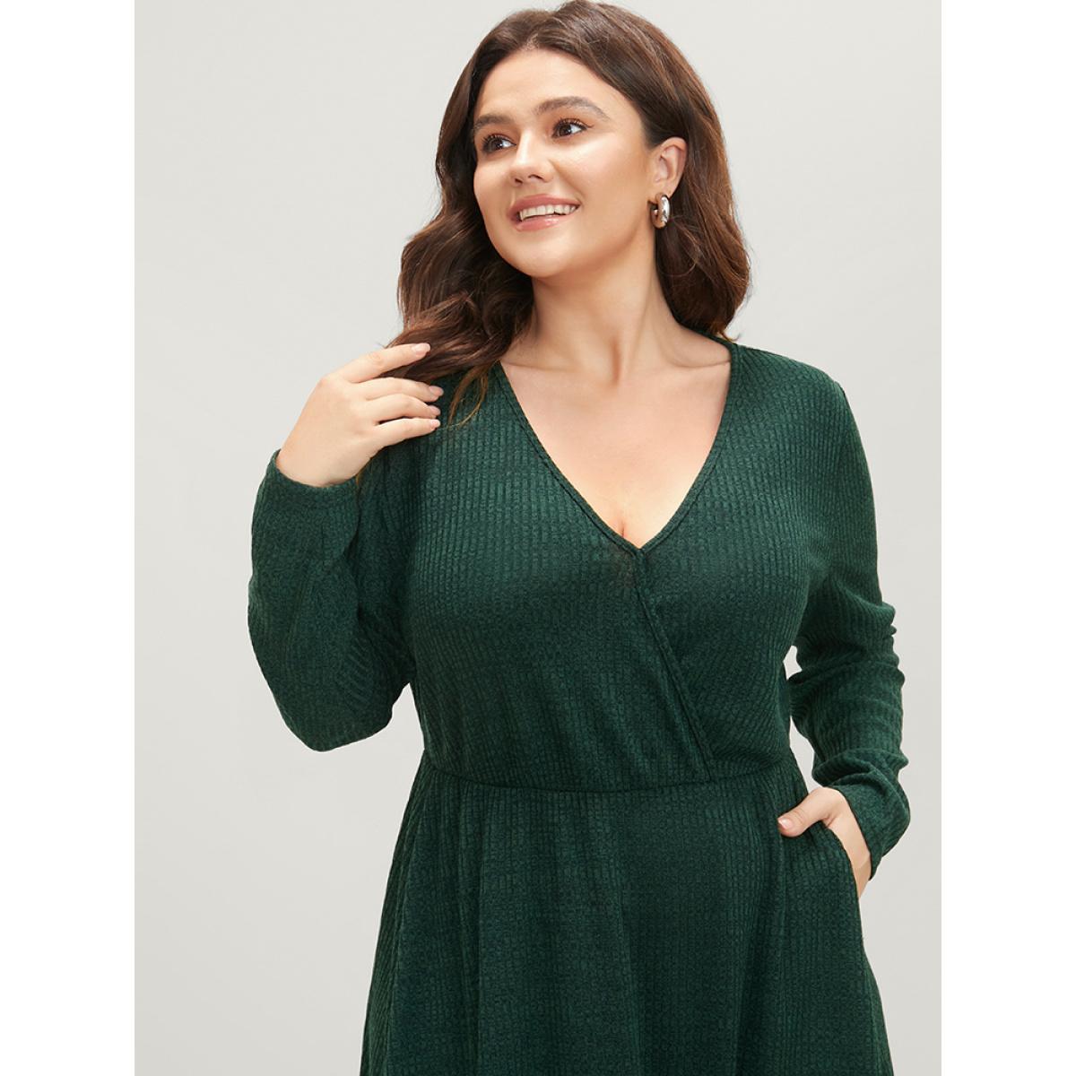 Plus Size Solid Pocket Surplice Neck Rib Knit Marled Dress DarkGreen Women Elegant V-neck Long Sleeve Curvy Midi Dress BloomChic 14-16/1X Product Image