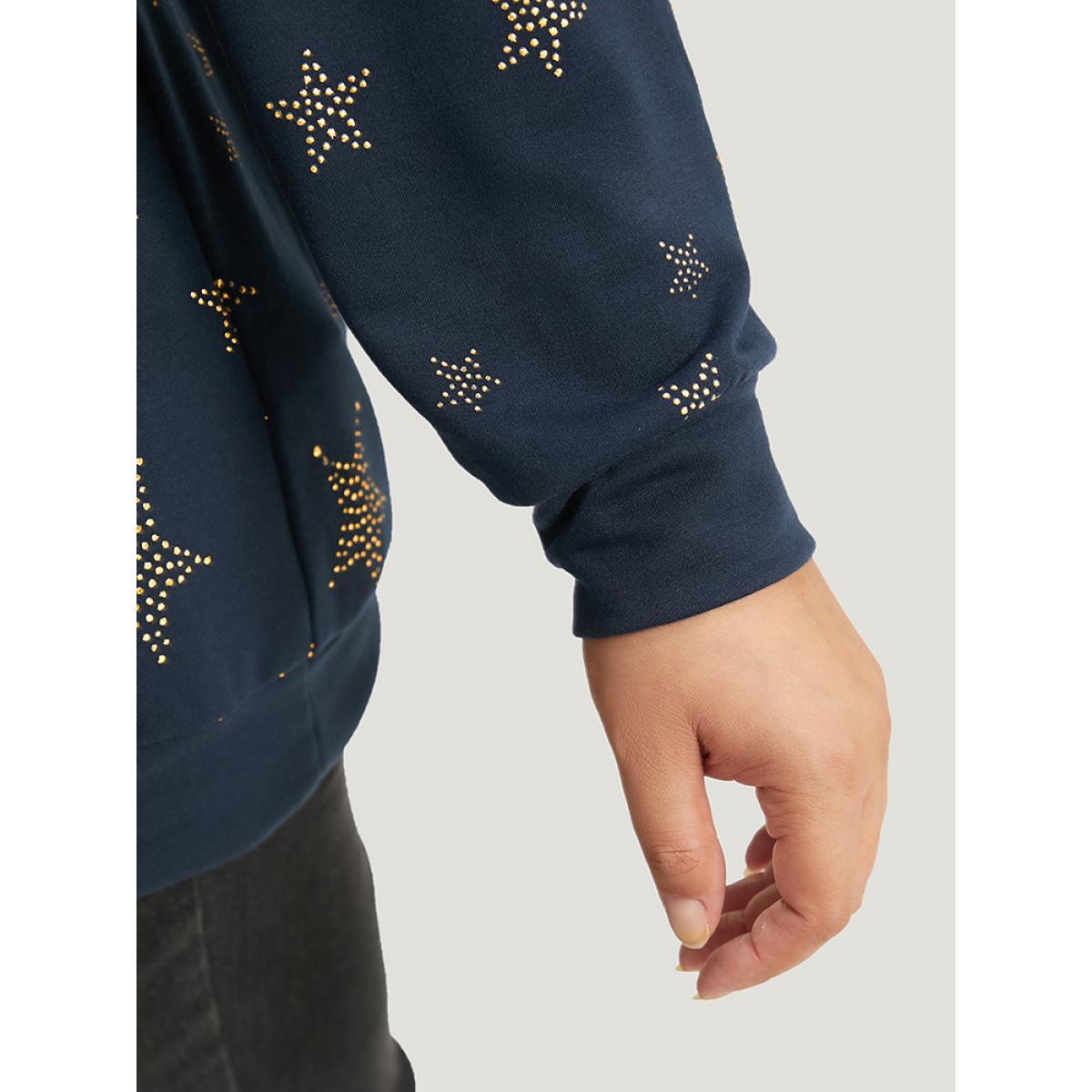 Plus Size Star Glitter Print V Neck Elastic Cuffs Sweatshirt Women Indigo Casual Elastic cuffs V-neck Dailywear Sweatshirts BloomChic 22-24/3X Product Image