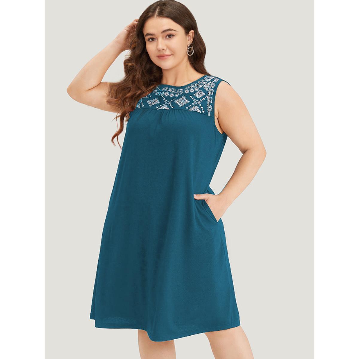 Plus Size Embroidered Pocket Patchwork Tank Midi Dress Aegean Women Casual Plain Round Neck Sleeveless Curvy Knee Dress BloomChic 28/5X Product Image