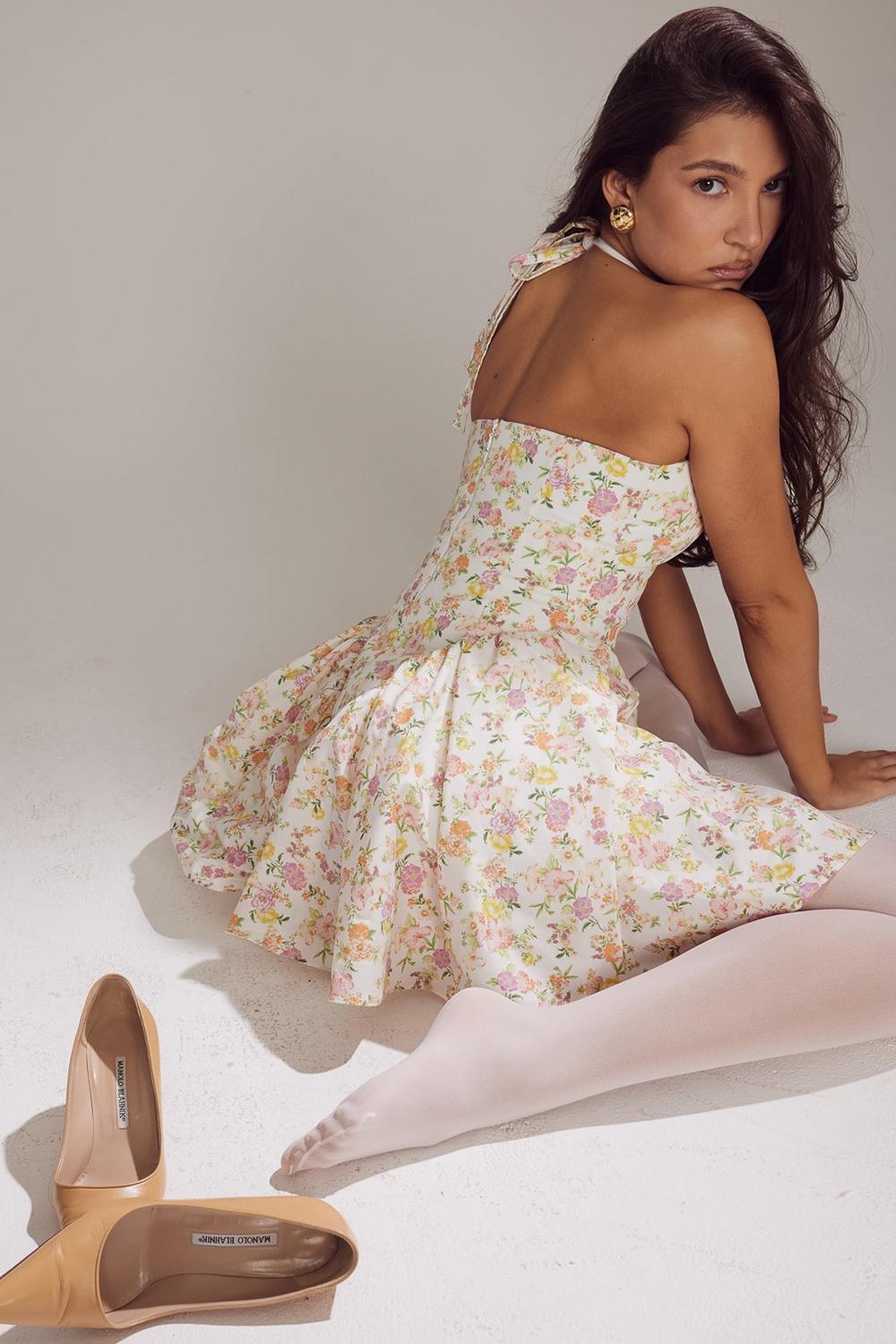Valentia Ivory Meadow Print Cotton Halter Mini Dress Product Image