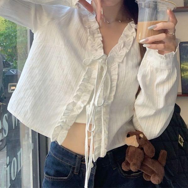 Puff-Sleeve V-Neck Striped Ruffle Lace-Up Cropped Blouse Product Image